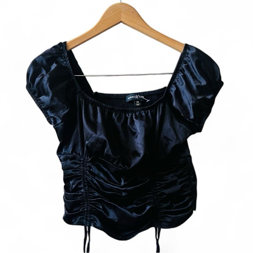 Almost Famous Ruched Adjustable Crop Top Size M Black Cap Sleeves Grunge Emo